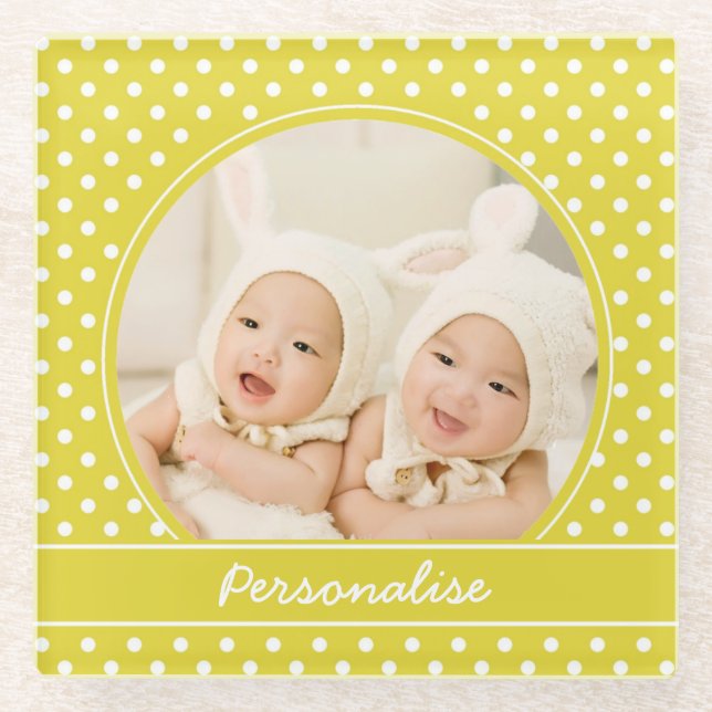Yellow Polka Dot Custom Photo Personalise Glass Coaster (Front)
