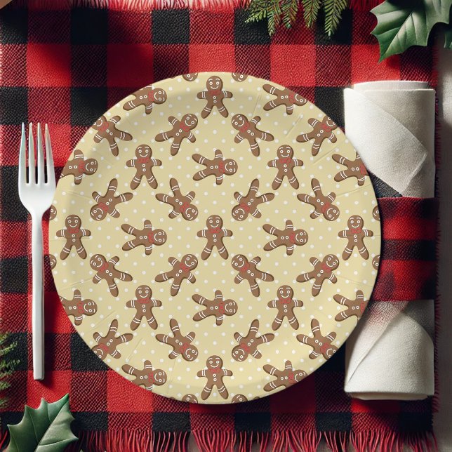 Yellow Polka Dot Gingerbread Man Christmas Paper Plates (Creator Uploaded)