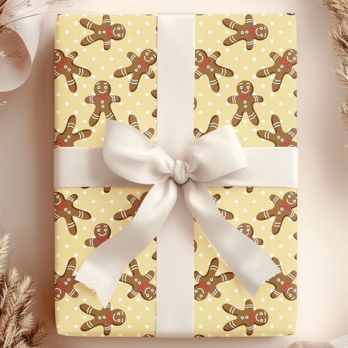 Yellow Polka Dot Gingerbread Man Christmas Wrapping Paper