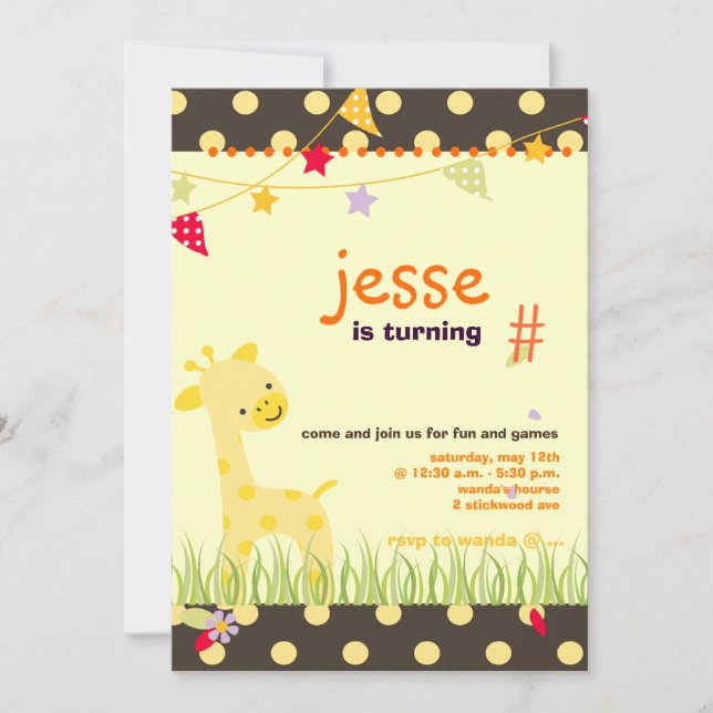 Yellow Polka Dot Giraffe Personalized Party Invitation (Front)