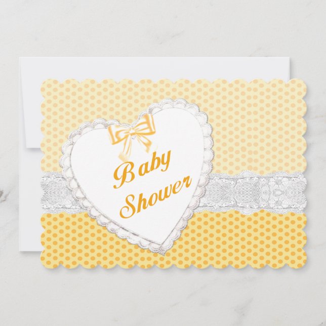 Yellow Polka Dot Lace Heart Baby Shower Invitation (Front)