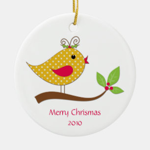 Yellow Polka Dot Love Bird on Branch Ceramic Ornament