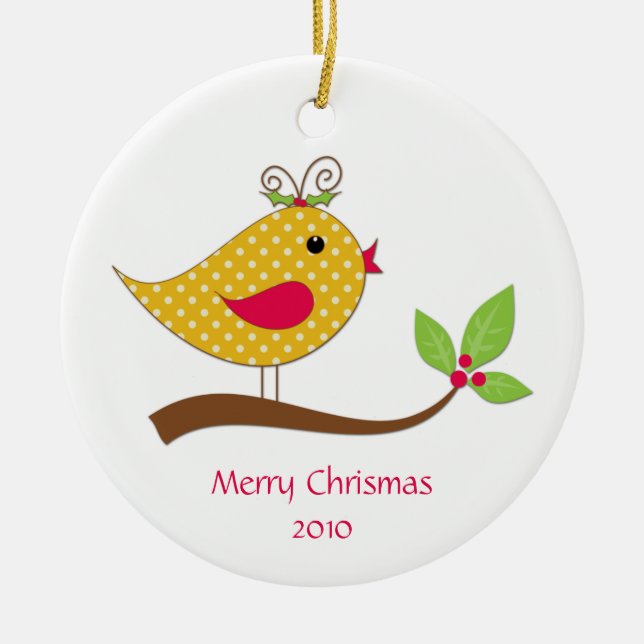 Yellow Polka Dot Love Bird on Branch Ceramic Ornament (Front)