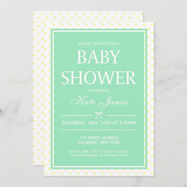 Yellow Polka Dot & Mint Baby Shower Invitation (Front/Back)