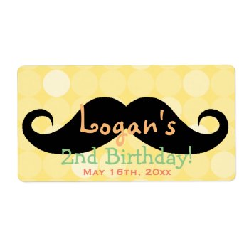 Yellow Polka Dot Mustache Birthday Water Bottle Label by LaBebbaDesigns at Zazzle