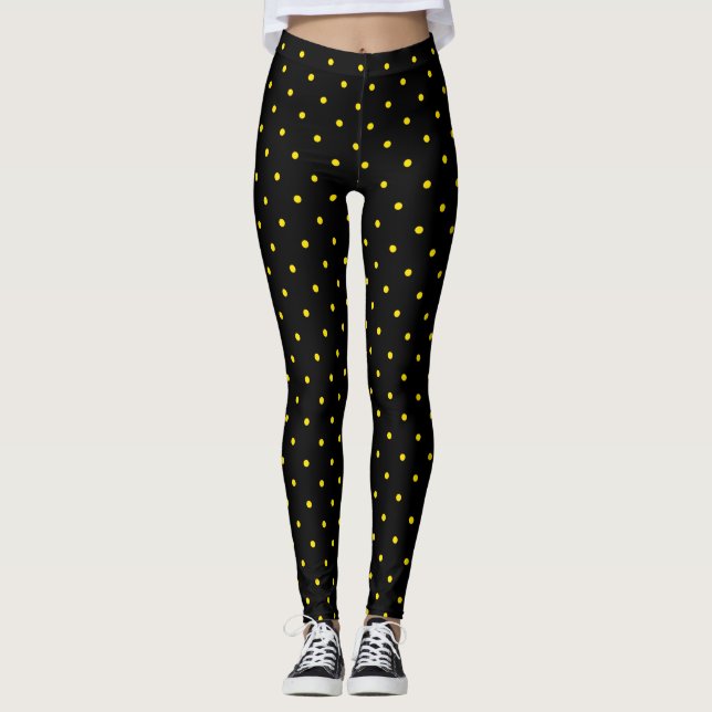 Yellow Polka Dot on Black Leggings (Front)