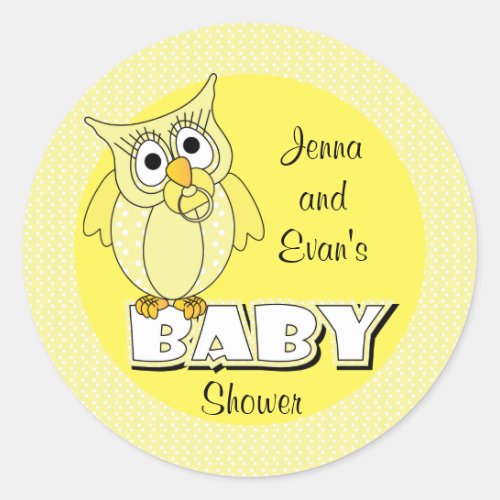 Yellow Polka Dot Owl  Baby Shower Theme Classic Round Sticker