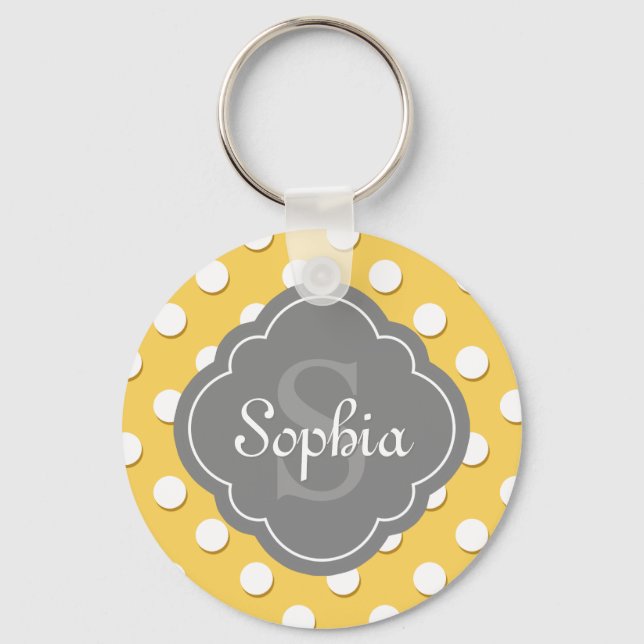 Yellow Polka Dot Pattern Grey Monogram Keychain (Front)