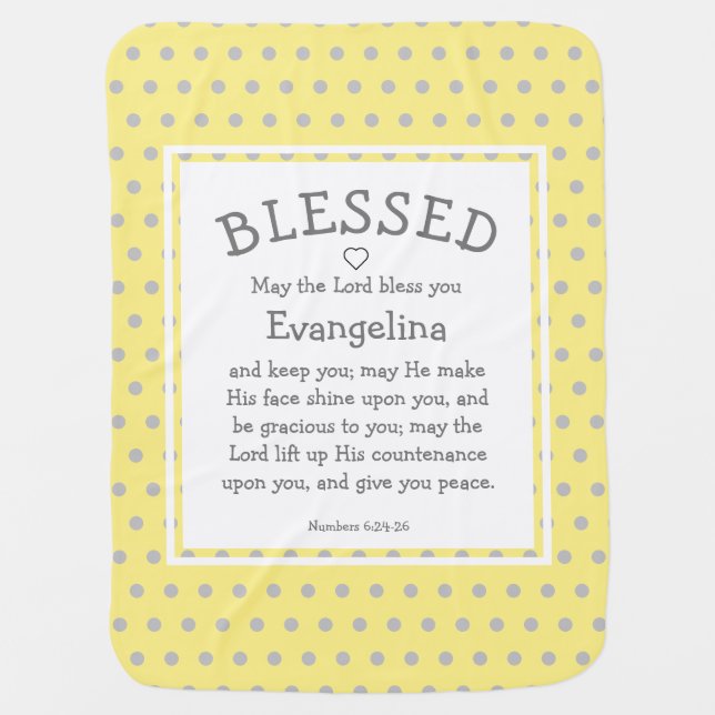 Yellow Polka Dot Personalized Christian Blessing Baby Blanket (Front)