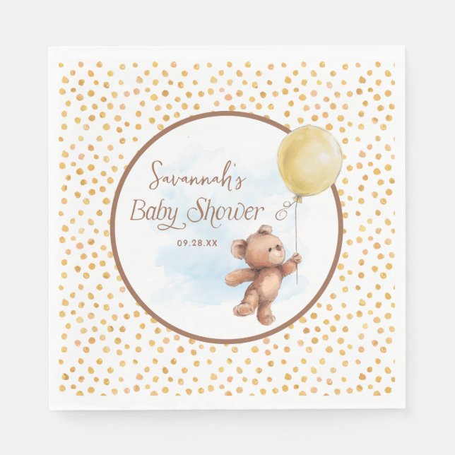 Yellow Polka Dot Teddy Bear Balloon Baby Shower  Napkins (Front)