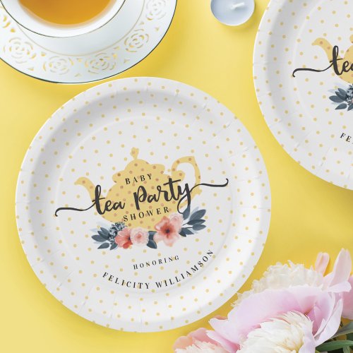 Yellow Polka Dot Vintage Floral Teapot Baby Shower Paper Plates