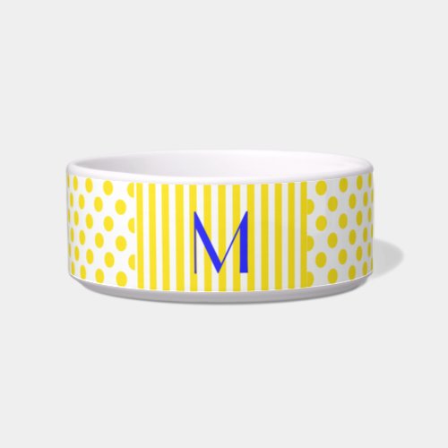 Yellow Polka Dots and Stripes Monogrammed Pet Bowl