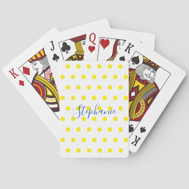 Yellow Polka Dots Blue Monogram Cute Modern Poker Cards (Back)