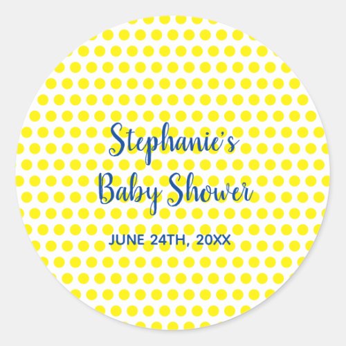 Yellow Polka Dots Blue White Baby Shower Cute 2021 Classic Round Sticker