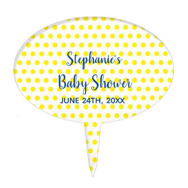 Yellow Polka Dots Blue White Baby Shower Cute Cake Topper (Front)