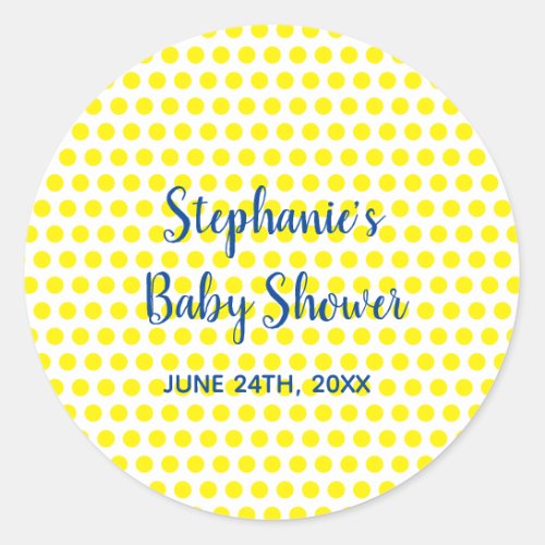 Yellow Polka Dots Blue White Baby Shower Cute Classic Round Sticker