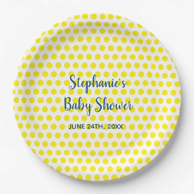 Yellow Polka Dots Blue White Baby Shower Cute Paper Plates (Front)