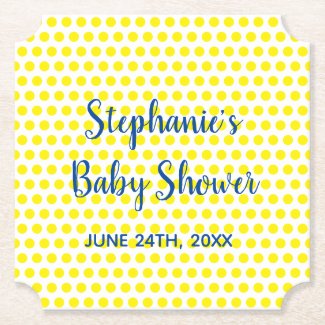 Yellow Polka Dots Blue White Baby Shower Cute Square Paper Coaster