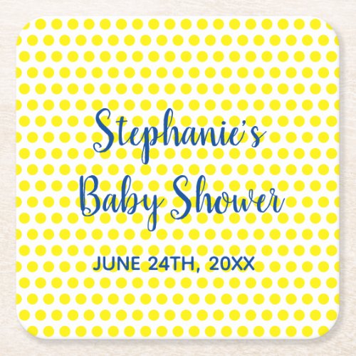 Yellow Polka Dots Blue White Baby Shower Cute Square Paper Coaster