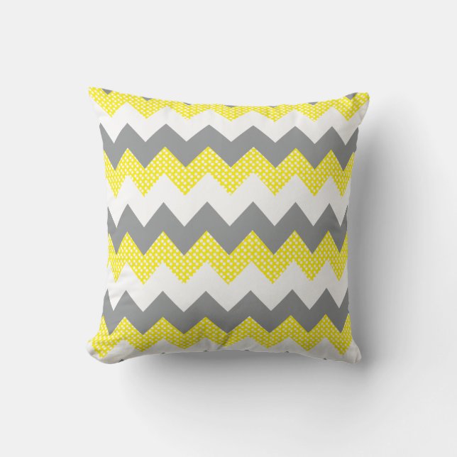 Yellow Polka Dots, Gray and White Chevron ZigZag Throw Pillow (Front)