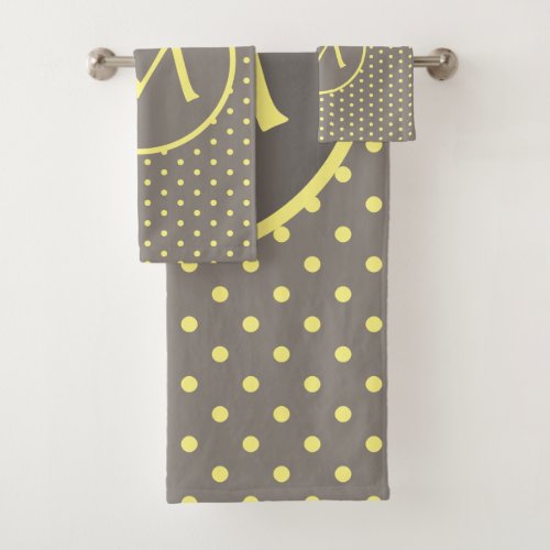 Yellow polka dots monogrammed gray bath towel set