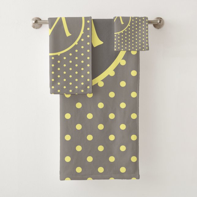 Yellow polka dots monogrammed gray bath towel set (Insitu)