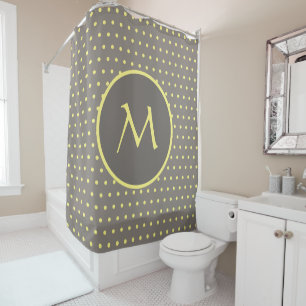 Yellow polka dots monogrammed gray shower curtain