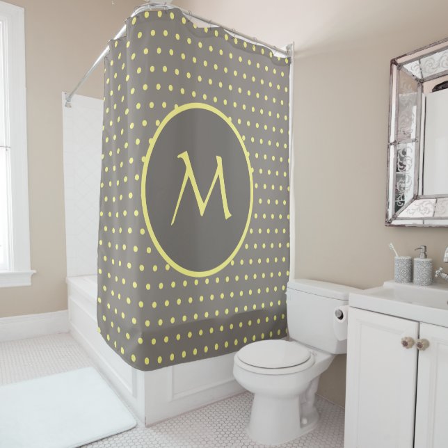 Yellow polka dots monogrammed gray shower curtain (In Situ)