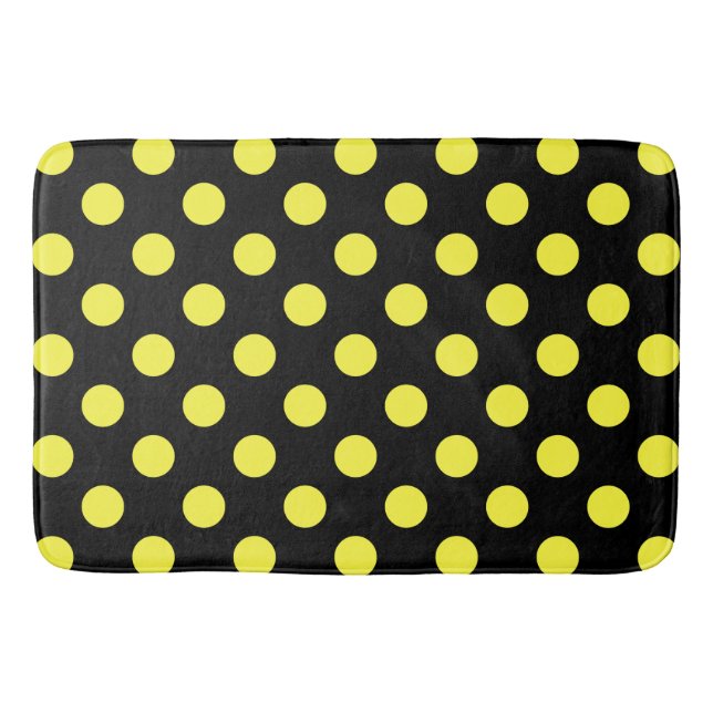 Yellow polka dots on black backgound bathroom mat (Front)