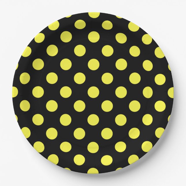 Yellow polka dots on black backgound paper plates (Front)