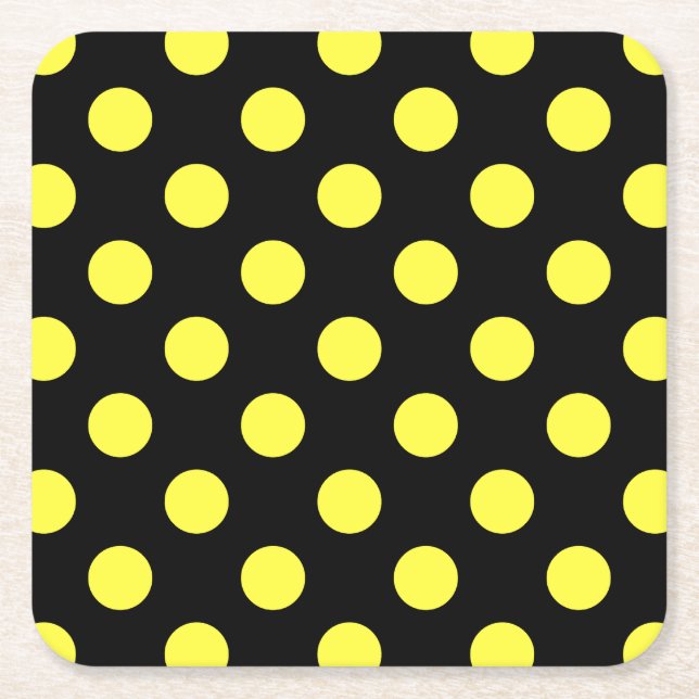 Yellow polka dots on black backgound square paper coaster (Front)