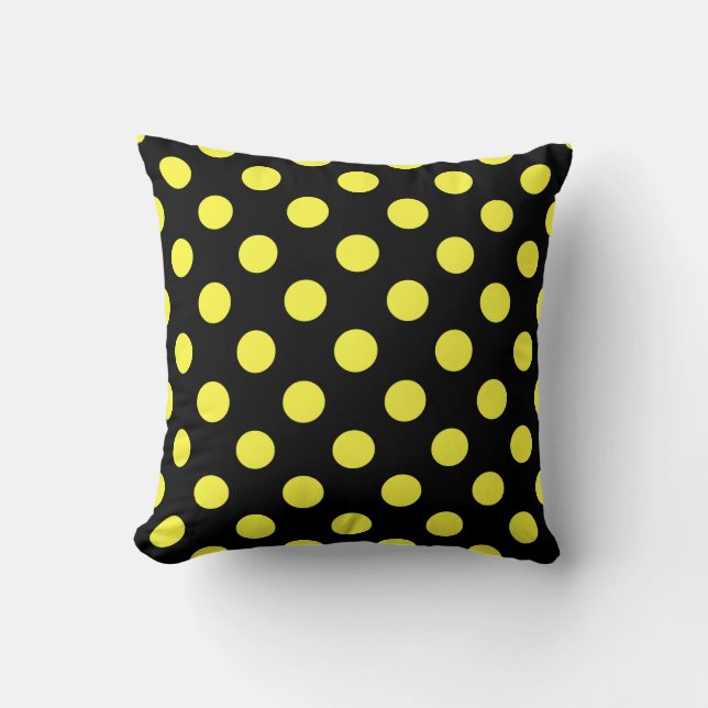 Yellow polka dots on black backgound throw pillow (Front)