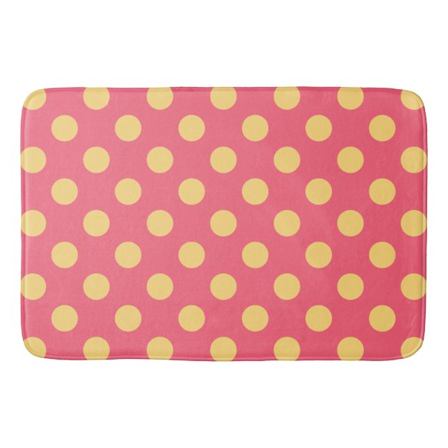 Yellow polka dots on coral bathroom mat (Front)