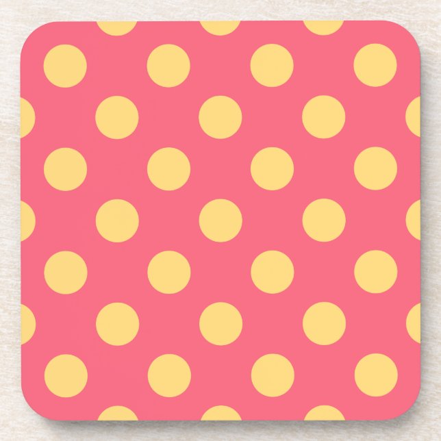 Yellow polka dots on coral coaster (Front)