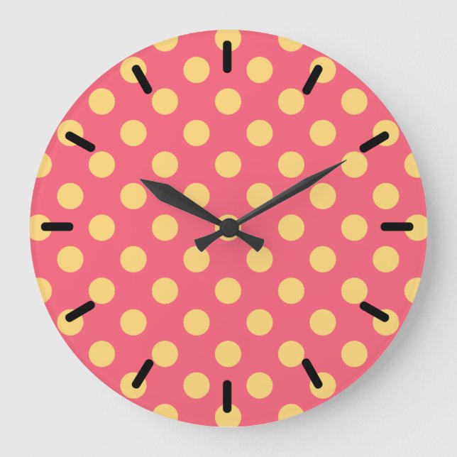 Yellow polka dots on coral large clock (Front)