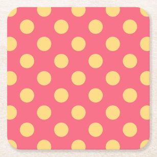 Yellow polka dots on coral square paper coaster