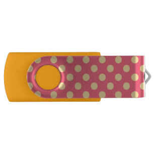Yellow polka dots on coral USB flash drive
