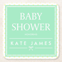 Yellow Polka Dots, Ribbon and Mint Baby Shower Square Paper Coaster