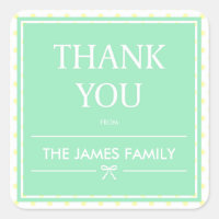 Yellow Polka Dots & Ribbon Mint Thank You Square Sticker