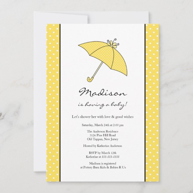 Yellow Polka Dots Umbrella Baby Shower Invitation (Front)