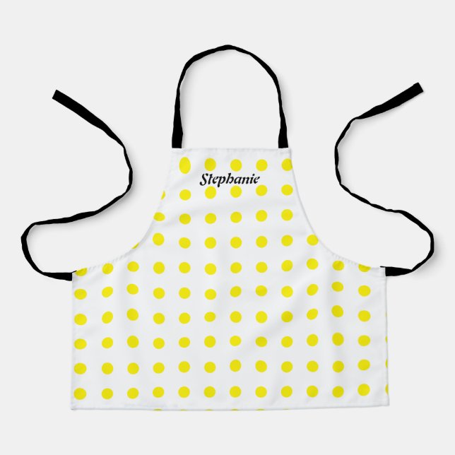 Yellow Polka Dots White Black Custom Name Cute Apron (Front)