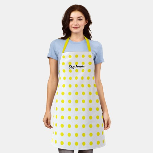 Yellow Polka Dots White Black Custom Name Stylish Apron