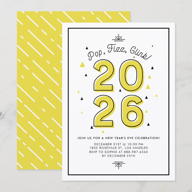 Yellow Pop Fizz Clink 2026 New Year's Eve Party Invitation (Front/Back)