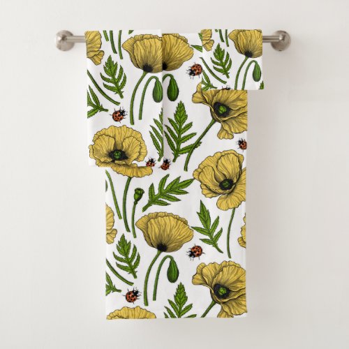 Yellow poppies and ladybugs bath towel set