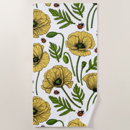 Yellow poppies and ladybugs beach towel