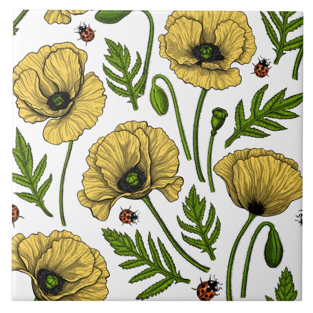 Yellow poppies and ladybugs ceramic tile (Front)