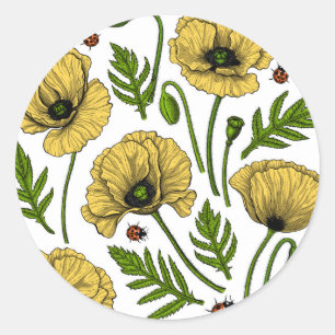 Yellow poppies and ladybugs classic round sticker