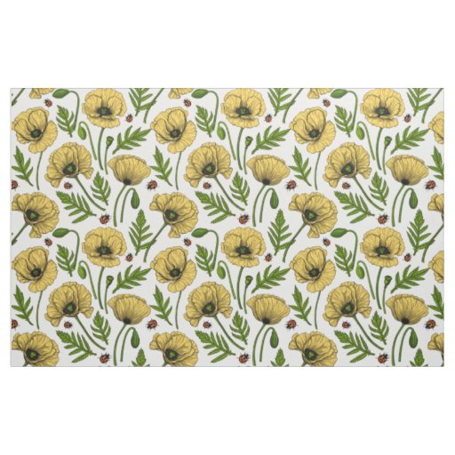 Yellow poppies and ladybugs fabric