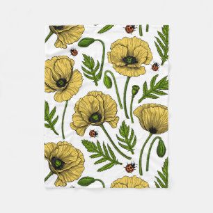 Yellow poppies and ladybugs fleece blanket