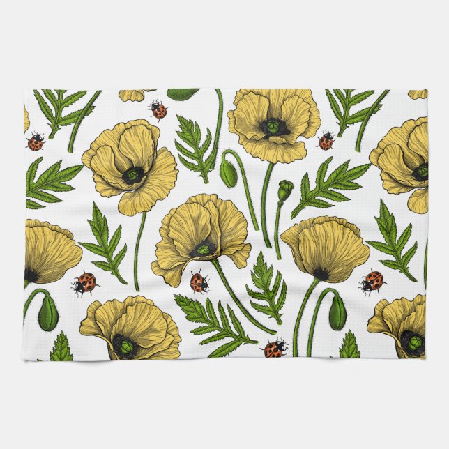 Yellow poppies and ladybugs kitchen towel (Horizontal)